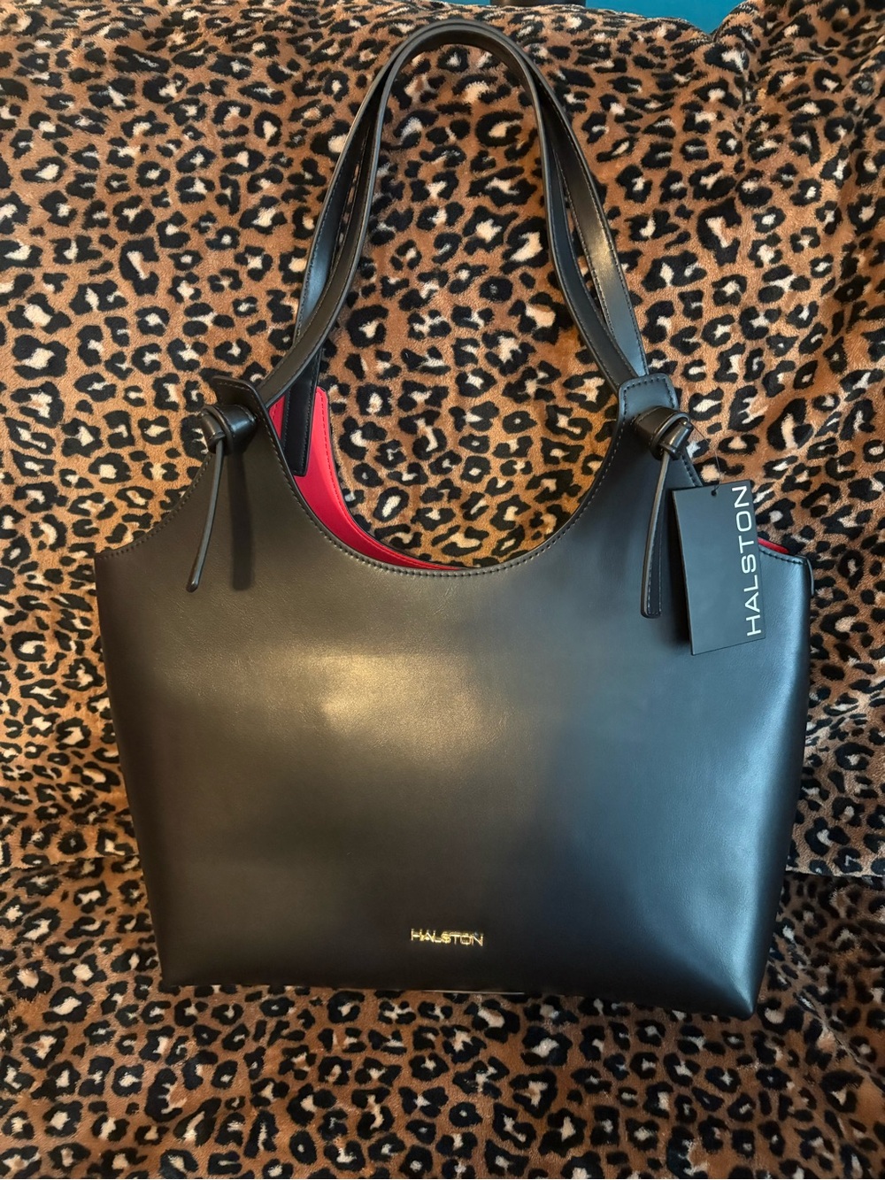 NWT Halston Brooke Black Shoulder Tote Bag w/ red Interior Gold Hardware